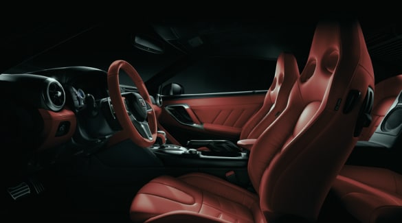 Nissan GT-R interior view of sport seats with leather appointments.