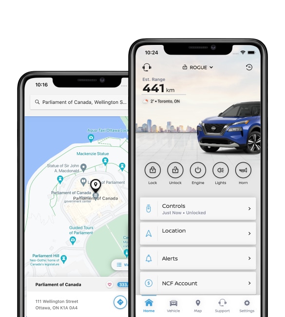 iPhone mockups displaying MyNISSAN app features for Qashqai®