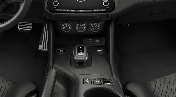 2023 Nissan Z black interior showing automatic gear shifter.