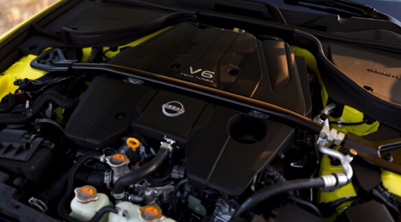2023 Nissan Z close up of V6 twin-turbo engine.