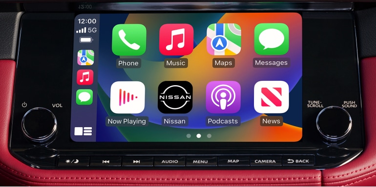Close up of Apple Carplay navigation in a 2024 Nissan Z with red interior