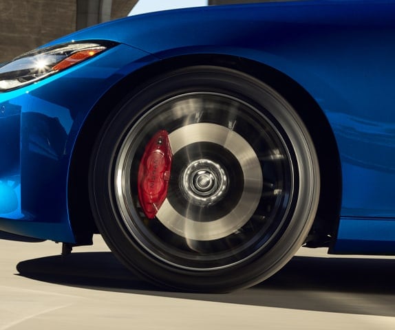 Front drivers side wheel on a blue 2024 Nissan Z showing performance breaks