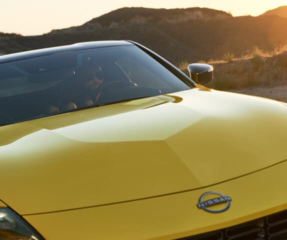 Zoomed image of hood detailing on a yellow 2024 Nissan Z