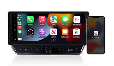 Nissan Altima touchscreen display next to iPhone with Apple Carplay app open