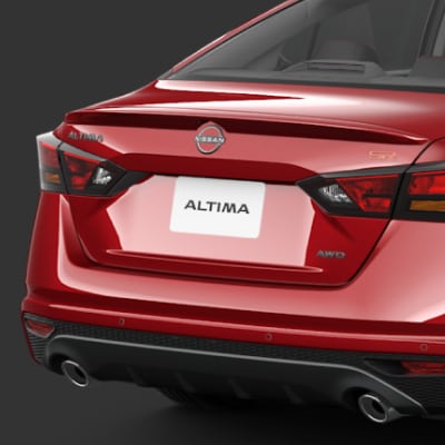 Rear view of a red 2024 Nissan Altima showing a liscense plate that says Altima and rear spoiler