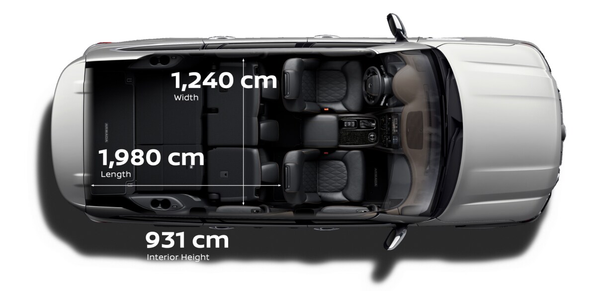 2023 Nissan Armada top view with roof cut out to illustrate interior payload dimensions.