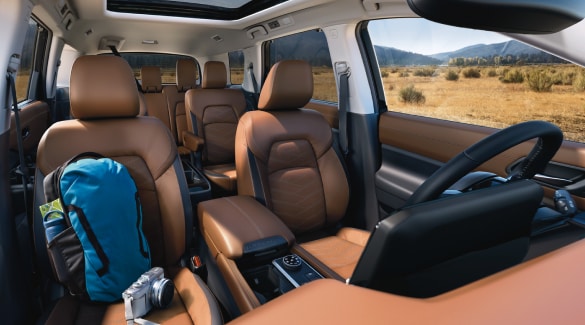 Nissan Pathfinder front view showing three rows of spacious seating.