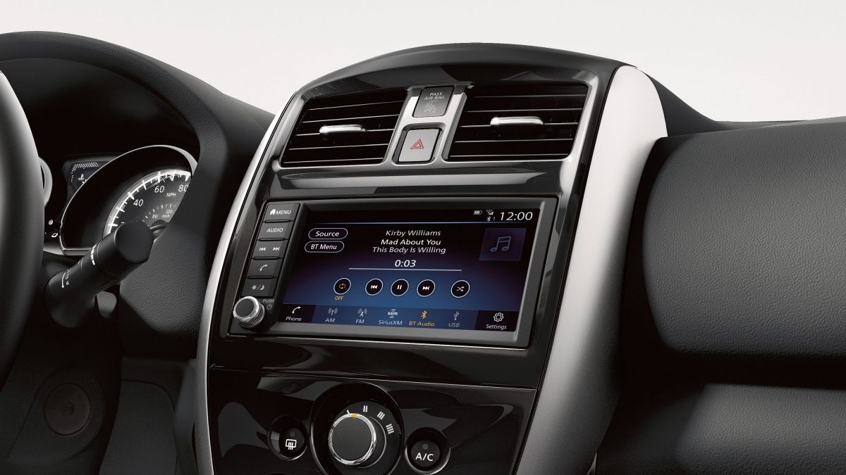The center console of the Nissan Versa Note featuring NissanConnect technology