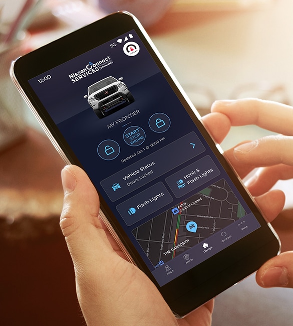 2022 Nissan Frontier smartphone with Nissanconnect app open.