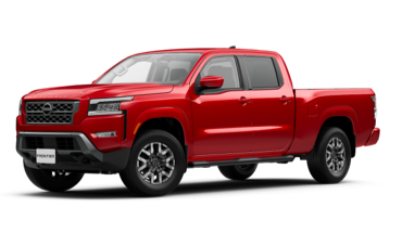 2022 Nissan Frontier Crew Cab Long Bed in red on white background.