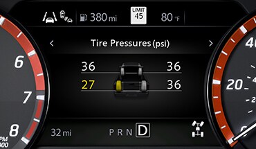 2023 Nissan Frontier gauge screen showing real-time tire monitor.