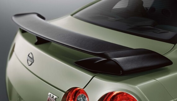 The carbon fibre rear spoiler on the 2021 Nissan GT-R T-spec