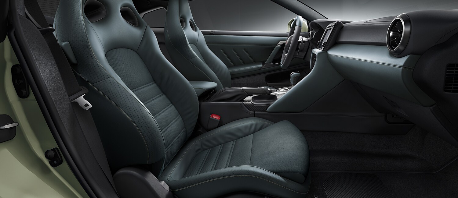 The unique dark green interior inside the 2021 Nissan GT-R T-spec