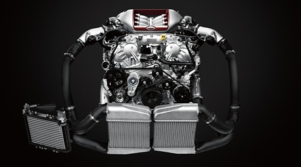 Nissan GT-R closeup of V6 engine with two turbochargers