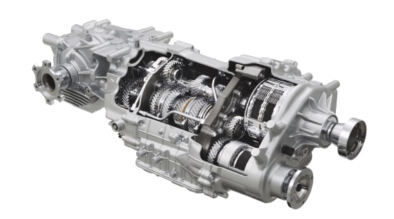 Nissan GT-R transmission cutaway view, showing the dry sump lubrication system.