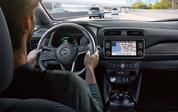 2023 Nissan LEAF interor showing dashboard and centre console