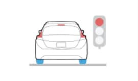 2024 Nissan LEAF illustration of a car at a stop light using electronic parking brake with automatic brake hold