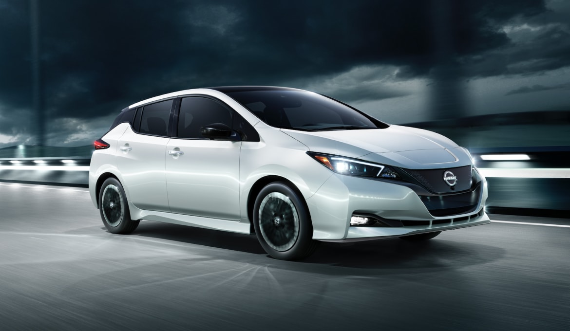 Front and side profile of 2025 Nissan LEAF showcasing electric performance