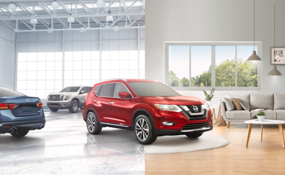 Front and side profile of an red animated 2021 Nissan Qashqai parked between a Nissan Showroom and a living room