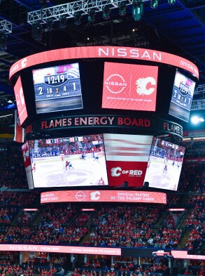 Nissan logo showing on the Calgary Flames scoreboard