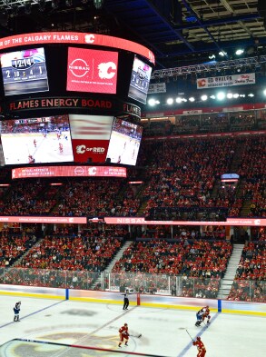 Nissan logo showing in the stands during Calgary Flames game
