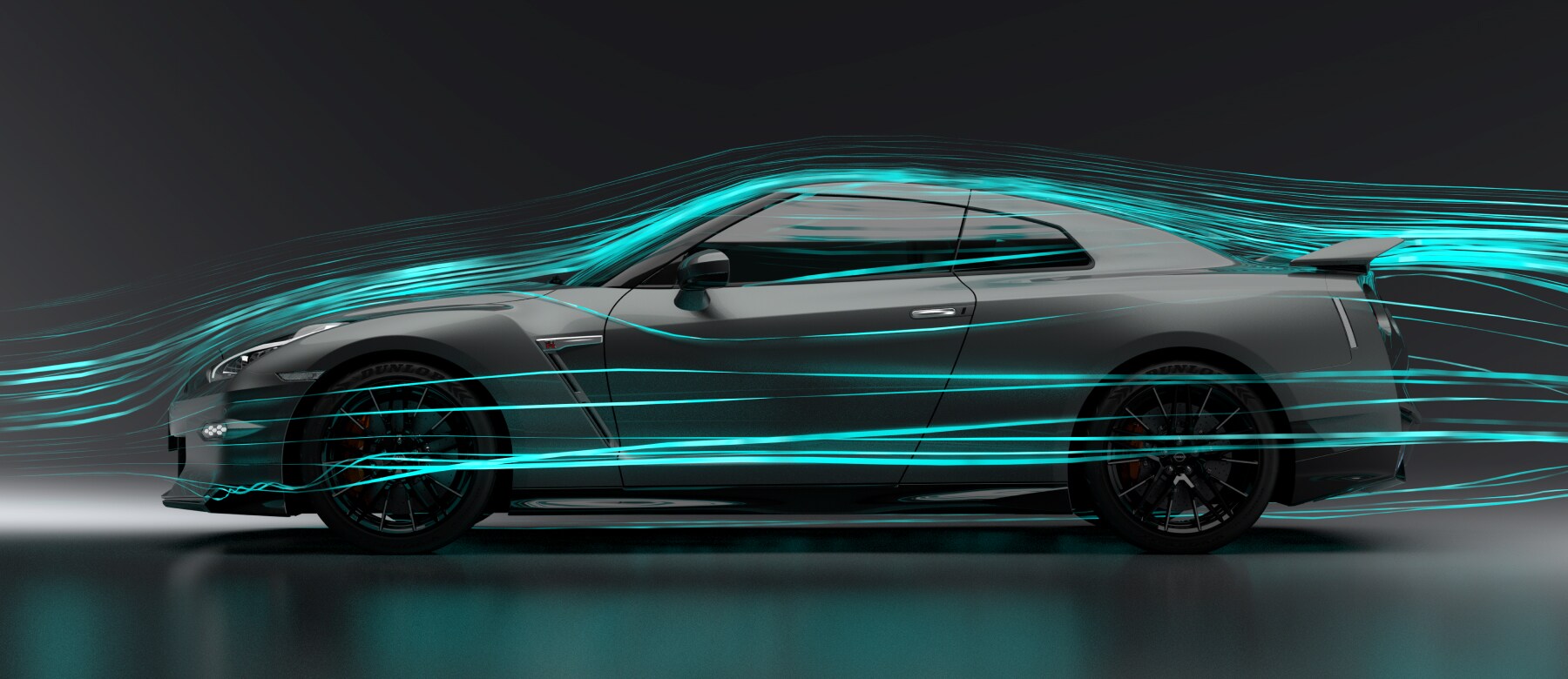 2024 Nissan GT-R driving through blue windstream to demonstrate aerodynamic design