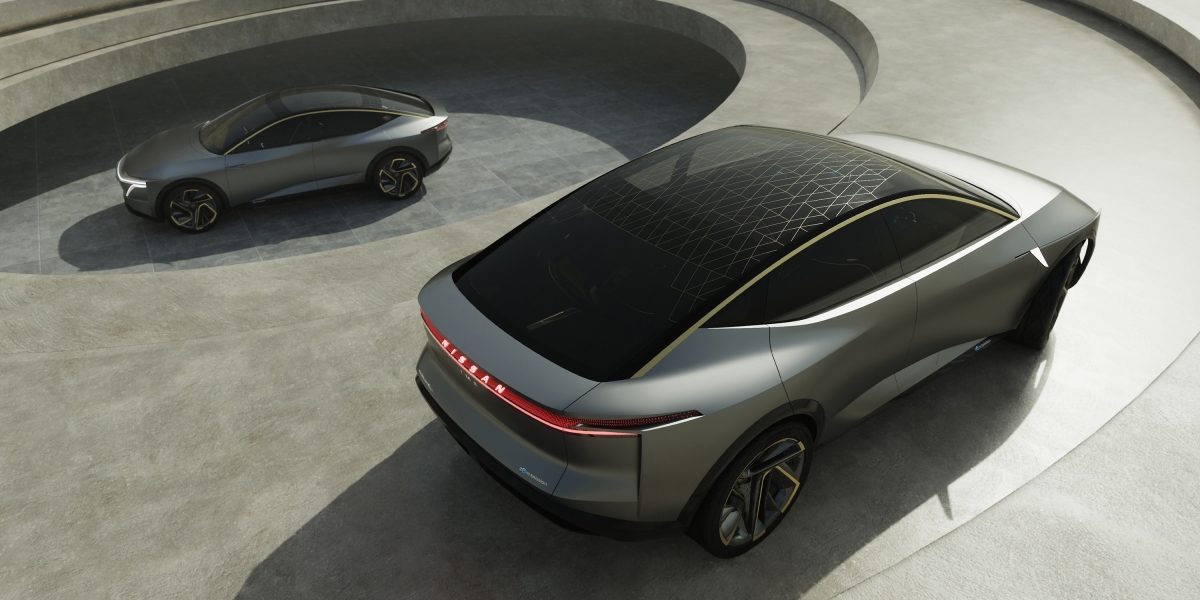 Sky view of two liquid metal Nissan IMS Concept Cars