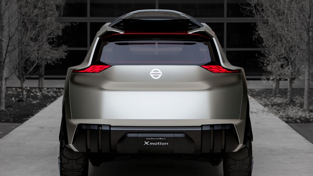 Rear profile of a silver Nissan Xmotion autonomous intelligent concept SUV