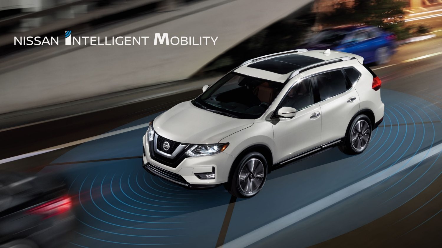 A white Nissan with Intelligent Mobility technology