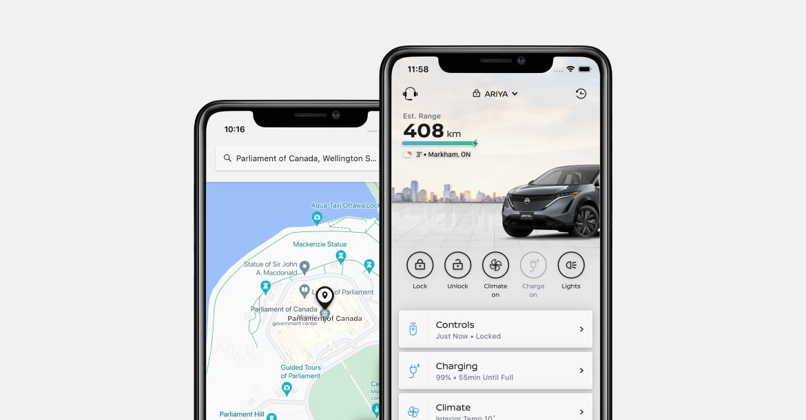 IPhone mockups displaying MyNissan app features