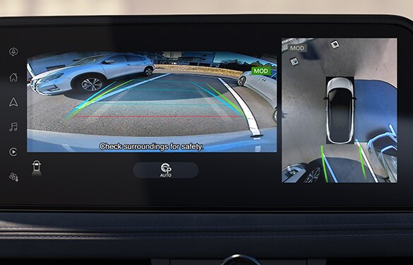 2023 Nissan Ariya display showing intelligent around view monitor when backing into a parking space.