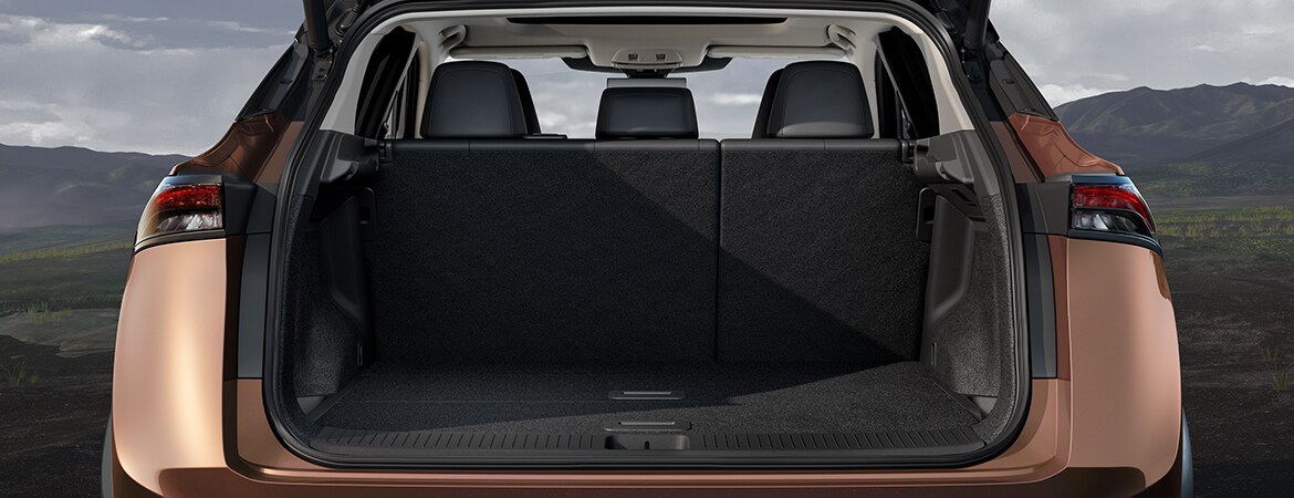 2023 Nissan Ariya view of back hatch open and cargo area inside.