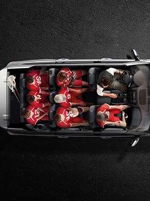 2023 Nissan Armada cut-away top view showing driver and seven passengers. U.S. model shown