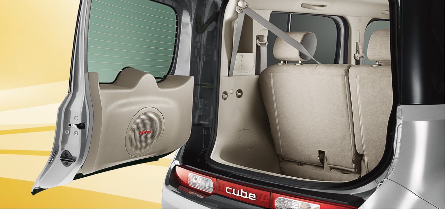 Nissan Cube back door open showing cargo space 